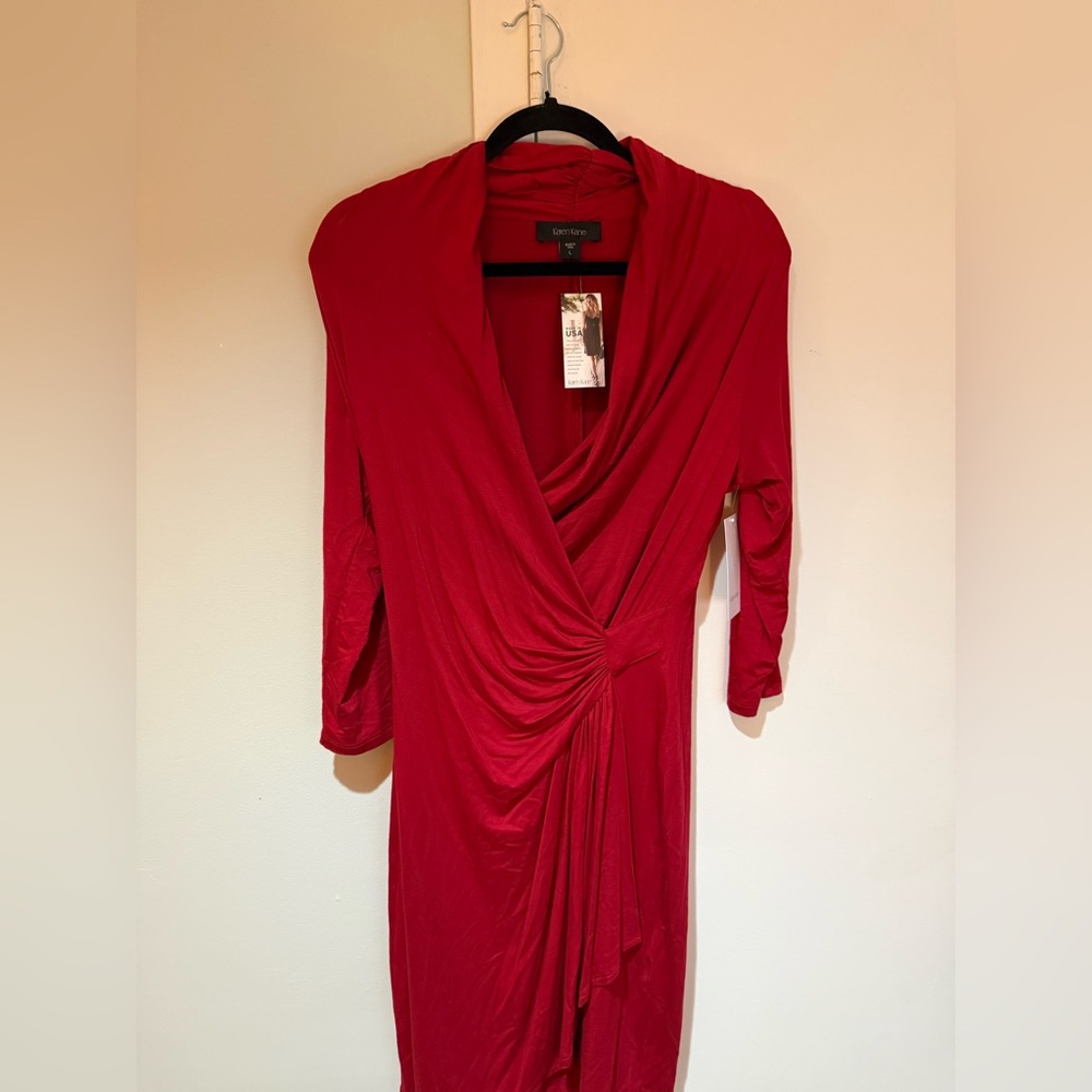 Karen Kane Red Ruched Wrap Dress Cowl Neck 3/4 Sleeve